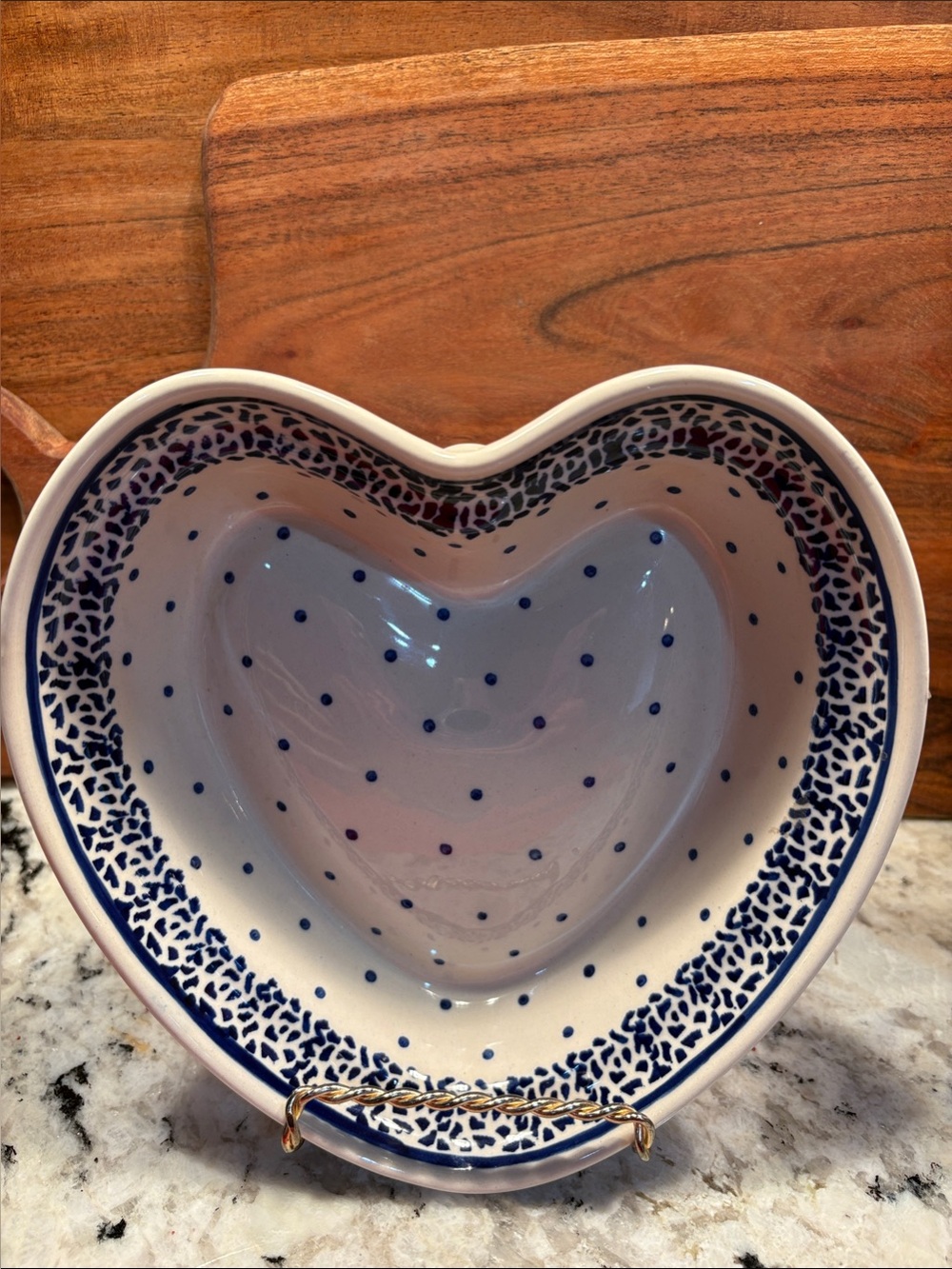 Heart-Shaped Ceramic Serving Bowl in White and Blue Polka Dot Design approx 8 in